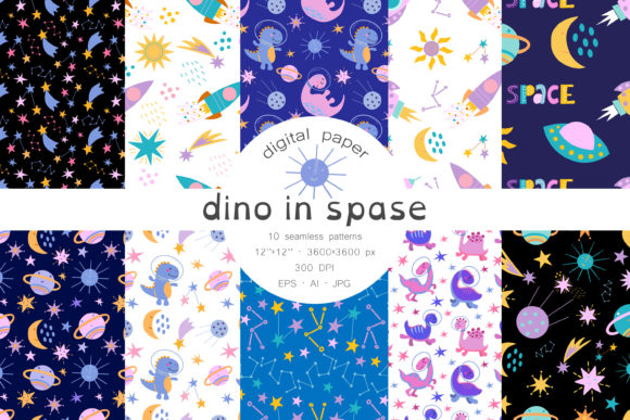Dino in Space Seamless Patterns Digital