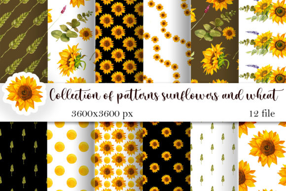 Sunflowers and Wheat Seamless Patterns